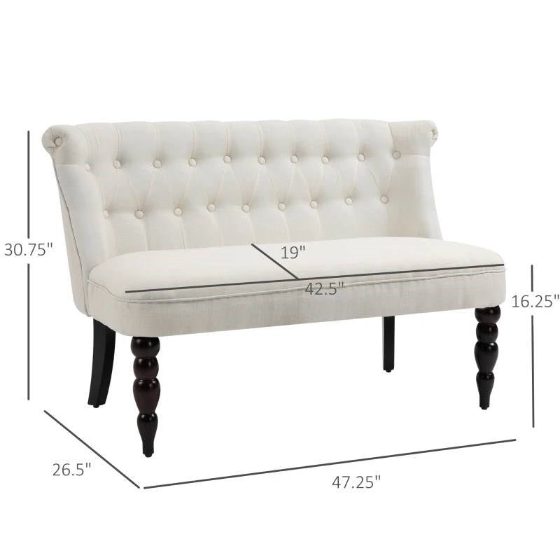 Scandinavian 2 Seater Button Tufted Loveseat Wooden Legs Cream White Linen - The Sturdy Wood Company