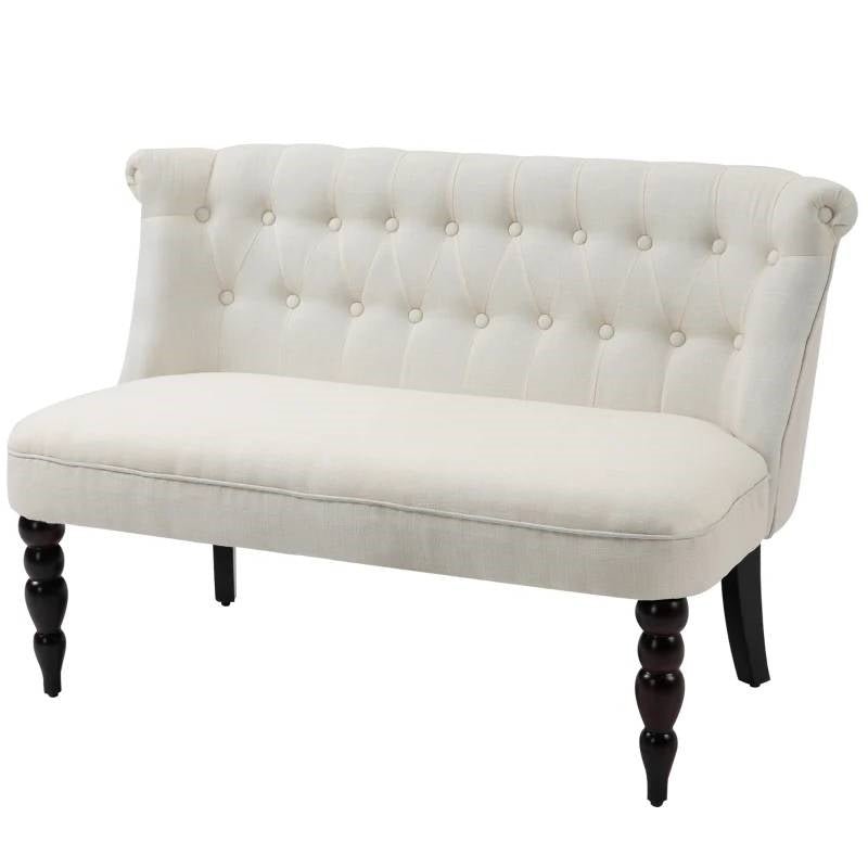 Scandinavian 2 Seater Button Tufted Loveseat Wooden Legs Cream White Linen - The Sturdy Wood Company