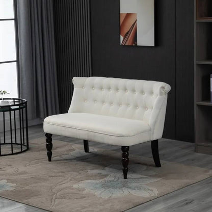 Scandinavian 2 Seater Button Tufted Loveseat Wooden Legs Cream White Linen - The Sturdy Wood Company