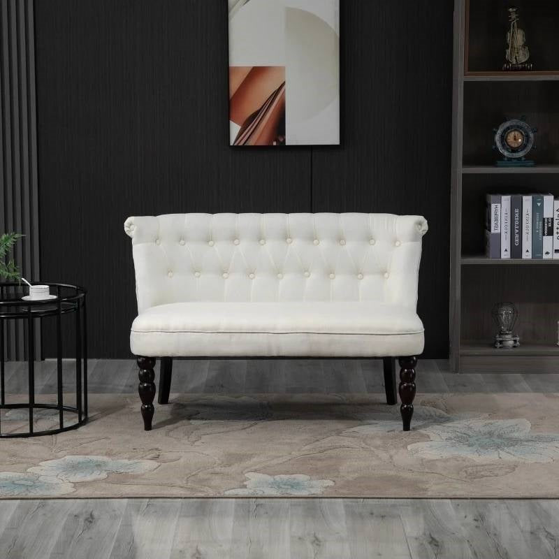 Scandinavian 2 Seater Button Tufted Loveseat Wooden Legs Cream White Linen - The Sturdy Wood Company