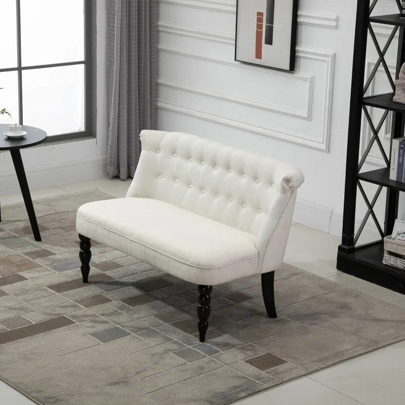 Scandinavian 2 Seater Button Tufted Loveseat Wooden Legs Cream White Linen - The Sturdy Wood Company