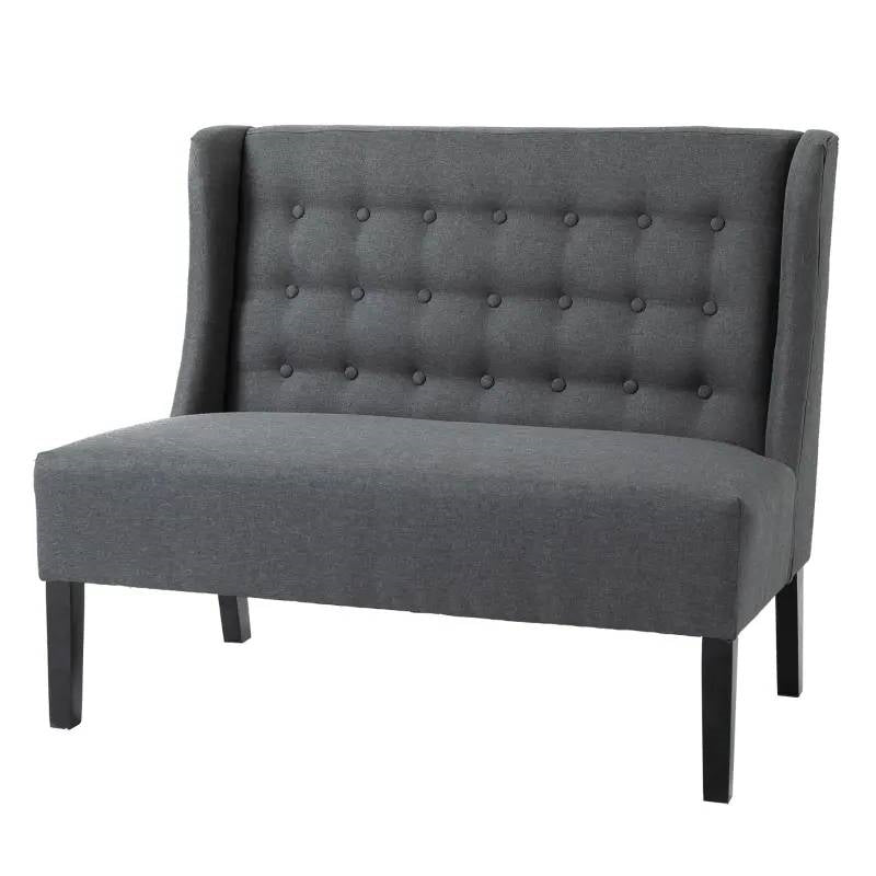 Scandinavian 2 Seater Button Tufted Loveseat Wooden Legs Gray Linen - The Sturdy Wood Company