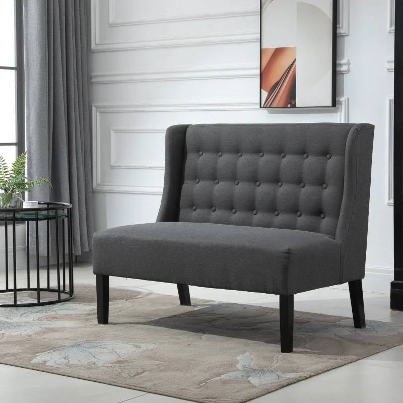 Scandinavian 2 Seater Button Tufted Loveseat Wooden Legs Gray Linen - The Sturdy Wood Company