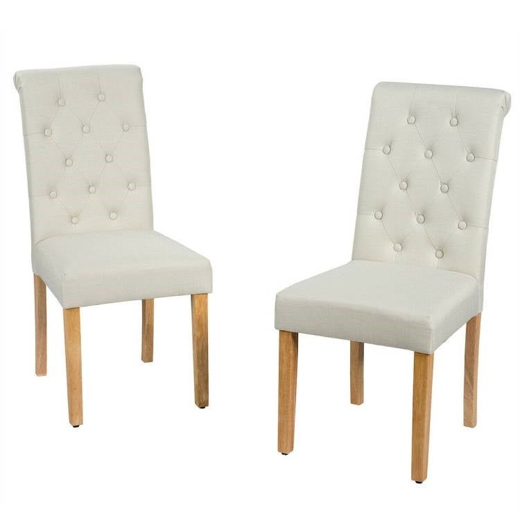 Set of 2 Beige Linen Button Tufted Dining Chair with Wood Legs - The Sturdy Wood Company