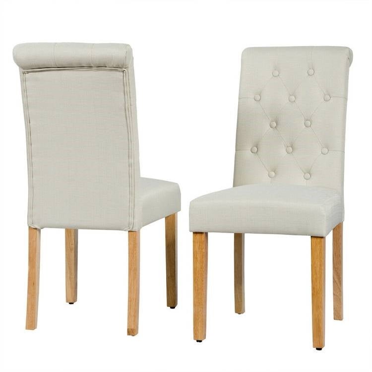 Set of 2 Beige Linen Button Tufted Dining Chair with Wood Legs - The Sturdy Wood Company