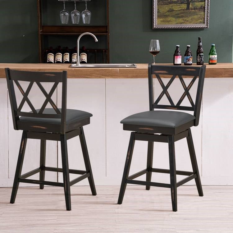 Set of 2 Black Wood 24-in Counter Height Farmhouse Swivel Cushion Seat Barstools - The Sturdy Wood Company