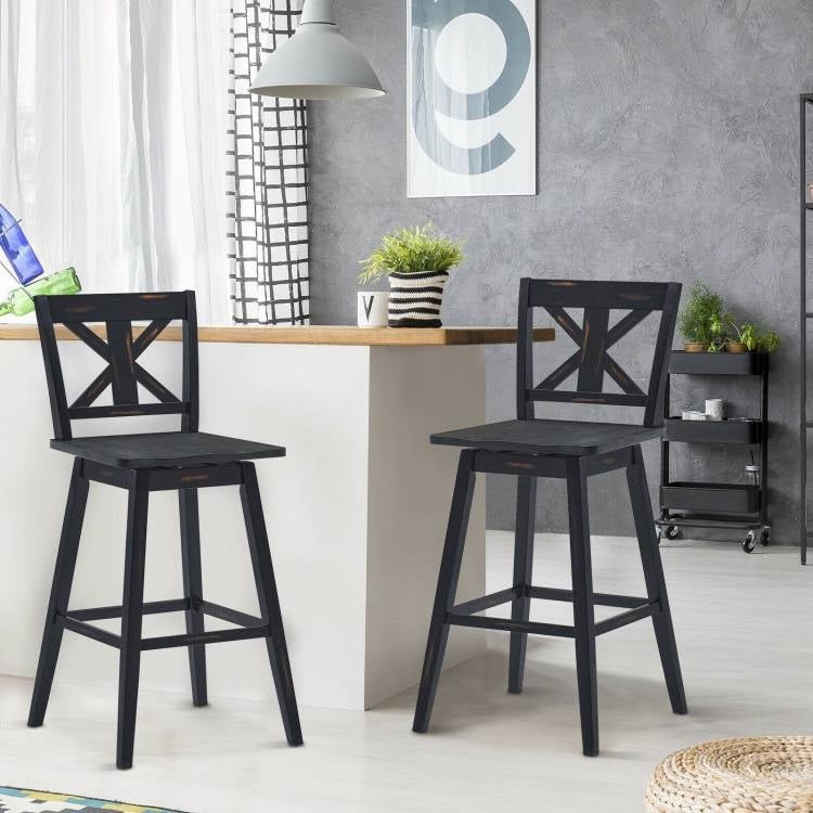 Set of 2 Black Wood 29-in Modern Kitchen Dining Farmhouse Swivel Seat Barstools - The Sturdy Wood Company