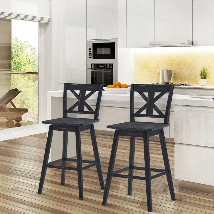 Set of 2 Black Wood 29-in Modern Kitchen Dining Farmhouse Swivel Seat Barstools - The Sturdy Wood Company