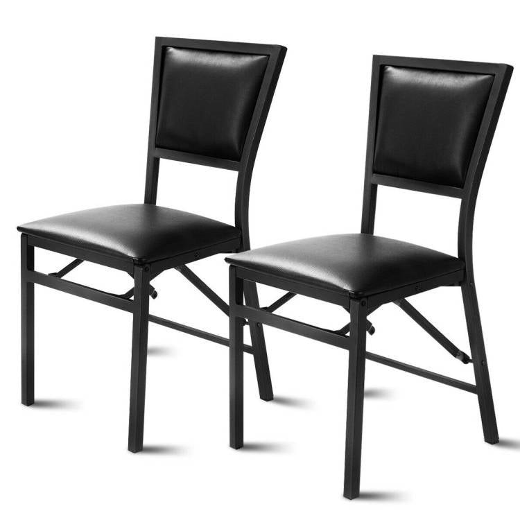 Set of 2 - Modern Black Metal Folding Dining Chairs with PU Leather Seat Cushion - The Sturdy Wood Company