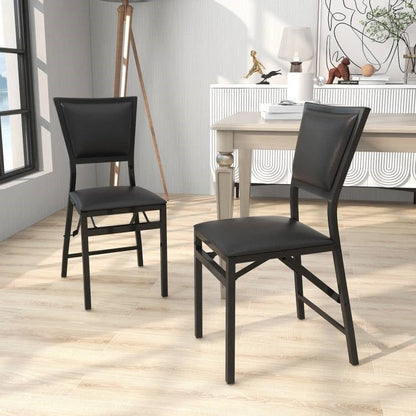 Set of 2 - Modern Black Metal Folding Dining Chairs with PU Leather Seat Cushion - The Sturdy Wood Company