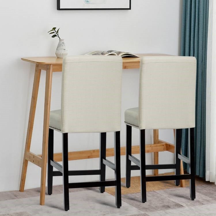 Set of 2 Modern Kitchen Dining Barstools w/ Black Wood Legs and Beige Linen Seat - The Sturdy Wood Company