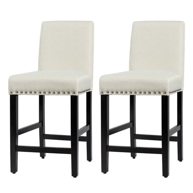 Set of 2 Modern Kitchen Dining Barstools w/ Black Wood Legs and Beige Linen Seat - The Sturdy Wood Company