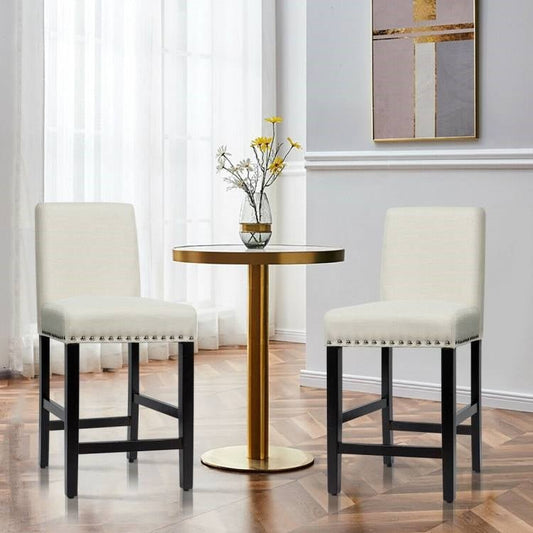 Set of 2 Modern Kitchen Dining Barstools w/ Black Wood Legs and Beige Linen Seat - The Sturdy Wood Company