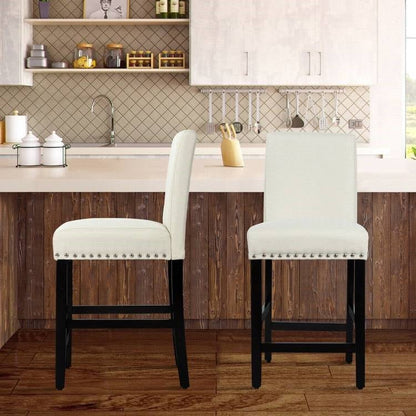 Set of 2 Modern Kitchen Dining Barstools w/ Black Wood Legs and Beige Linen Seat - The Sturdy Wood Company