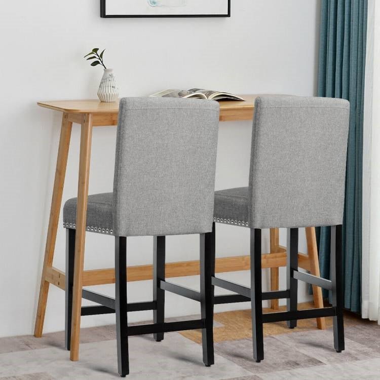 Set of 2 Modern Kitchen Dining Barstools w/ Black Wood Legs and Grey Linen Seat - The Sturdy Wood Company