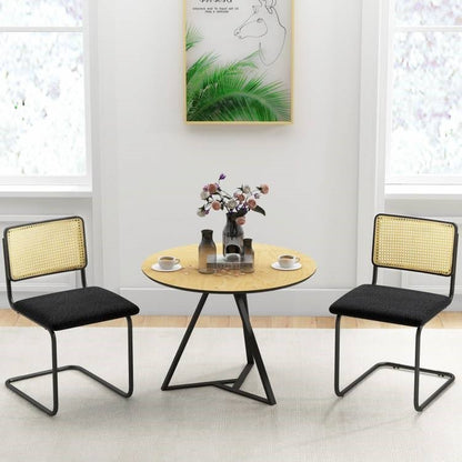 Set of 2 - Modern Mid-Century Black Dining Chair with Beige Rattan Backrest - The Sturdy Wood Company