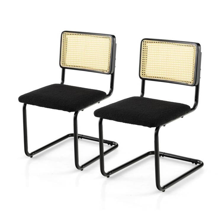 Set of 2 - Modern Mid-Century Black Dining Chair with Beige Rattan Backrest - The Sturdy Wood Company