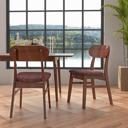 Set of 2 Modern Mid-Century Brown Wood Dining Chair with Padded Linen Seat - The Sturdy Wood Company