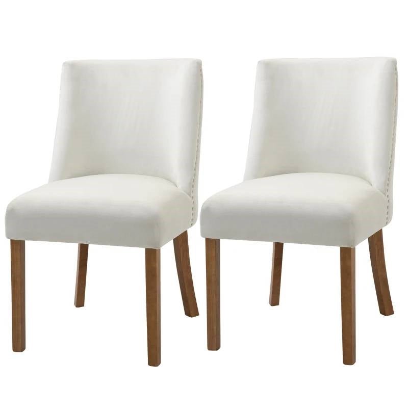 Set of 2 Modern Nailhead Diamond Stitch Upholstered Dining Chairs Beige White - The Sturdy Wood Company