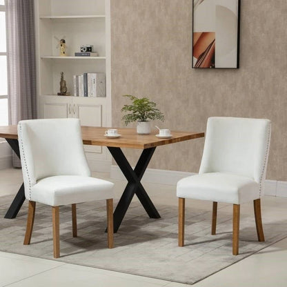 Set of 2 Modern Nailhead Diamond Stitch Upholstered Dining Chairs Beige White - The Sturdy Wood Company