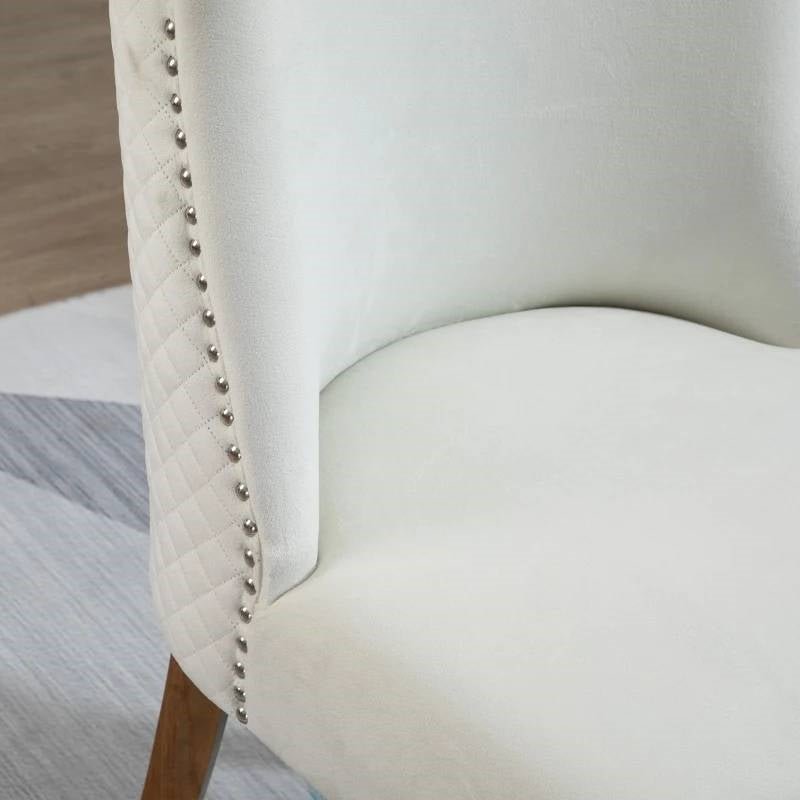 Set of 2 Modern Nailhead Diamond Stitch Upholstered Dining Chairs Beige White - The Sturdy Wood Company