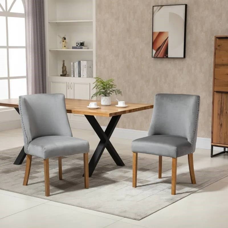 Set of 2 Modern Nailhead Diamond Stitch Upholstered Dining Chairs in Light Grey - The Sturdy Wood Company