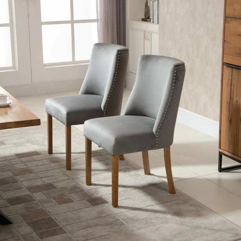 Set of 2 Modern Nailhead Diamond Stitch Upholstered Dining Chairs in Light Grey - The Sturdy Wood Company