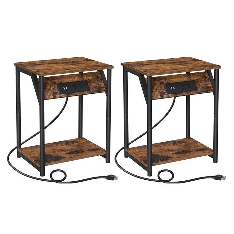 Set of 2 - Nightstand End Tables Charging Station with 2 USB ports - The Sturdy Wood Company