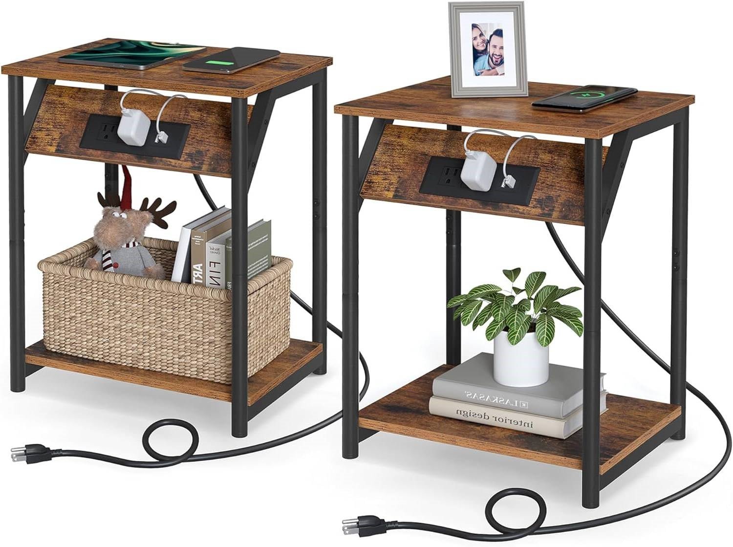 Set of 2 - Nightstand End Tables Charging Station with 2 USB ports - The Sturdy Wood Company