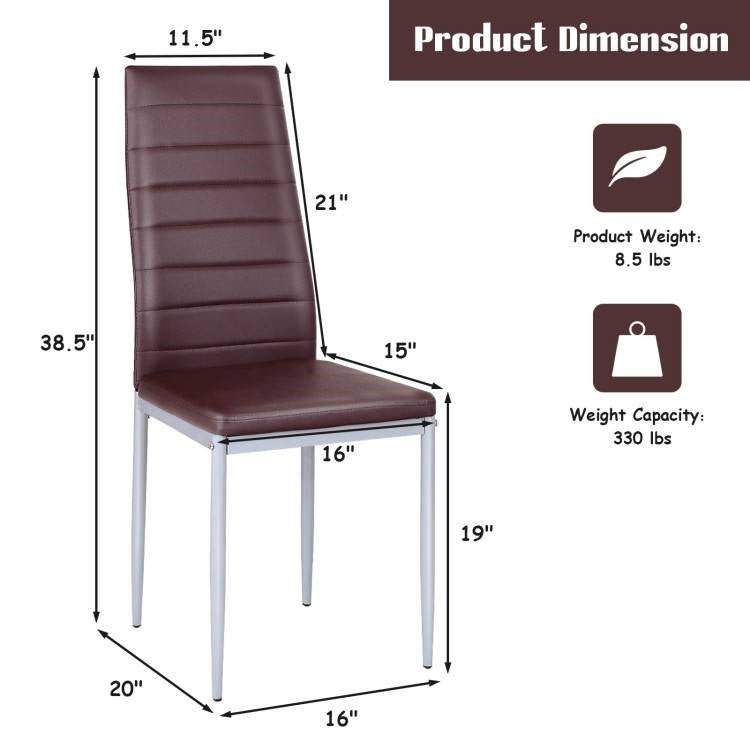 Set of 4 Modern High Back Brown PVC Leather Dining Chairs with Metal Legs - The Sturdy Wood Company