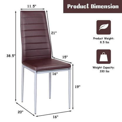 Set of 4 Modern High Back Brown PVC Leather Dining Chairs with Metal Legs - The Sturdy Wood Company