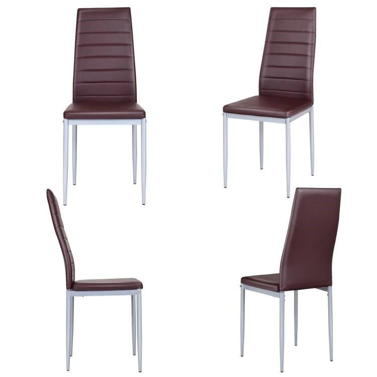 Set of 4 Modern High Back Brown PVC Leather Dining Chairs with Metal Legs - The Sturdy Wood Company