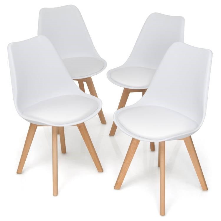 Set of 4 Modern Mid-Century Style White PU Leather Dining Chairs with Wood Legs - The Sturdy Wood Company