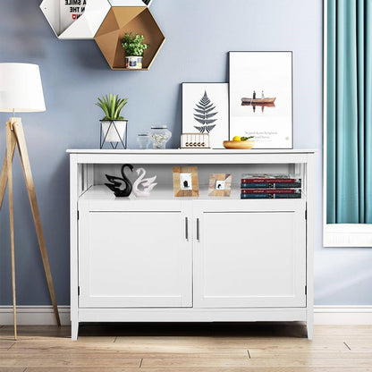 White Wood 2-Door Dining Buffet Sideboard Cabinet with Open Storage Shelf - The Sturdy Wood Company