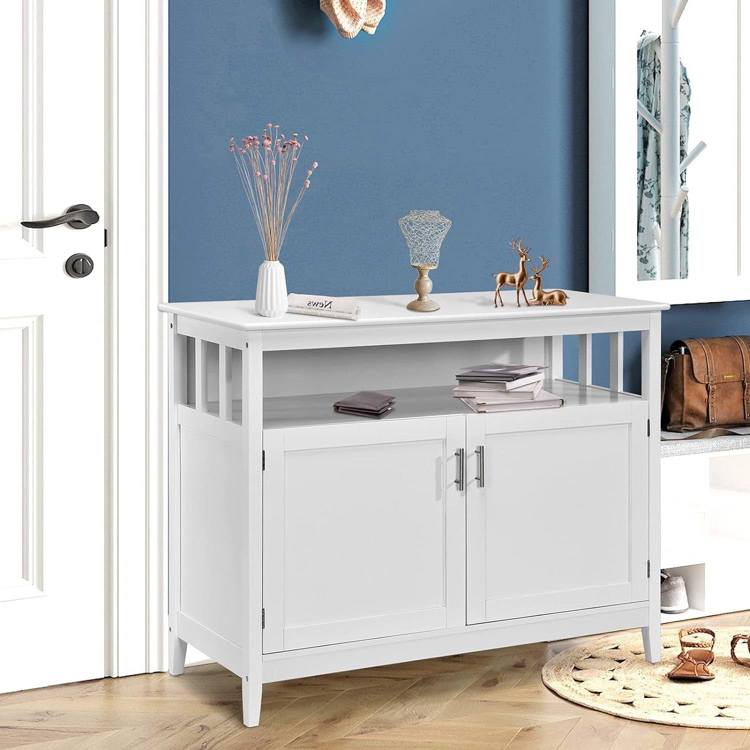 White Wood 2-Door Dining Buffet Sideboard Cabinet with Open Storage Shelf - The Sturdy Wood Company