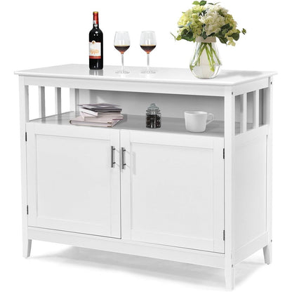 White Wood 2-Door Dining Buffet Sideboard Cabinet with Open Storage Shelf - The Sturdy Wood Company