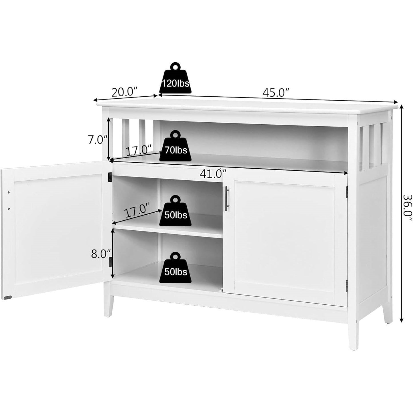 White Wood 2-Door Dining Buffet Sideboard Cabinet with Open Storage Shelf - The Sturdy Wood Company